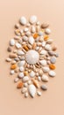 Various seashells and pebbles are meticulously arranged in a sunburst design on a soft sand-colored surface Royalty Free Stock Photo