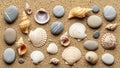 Various seashells and smooth pebbles are arranged on a sandy surface Royalty Free Stock Photo