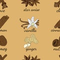 Various seasoning seamless pattern, spices on a beige or brown background. Nutmeg, cinnamon, vanilla, star anise, ginger, clove.