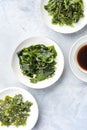 Various seaweed, sea vegetables, overhead shot with copyspace