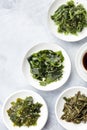 Various seaweed, sea vegetables, shot from above with a place for text