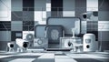 Various security devices against a backdrop of a checkered pattern.