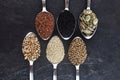 Various Seeds Assortment on dark background. Set of seed: sesame, sunflower, pumpkin, flax, hemp, black cumin in spoons
