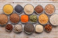 Various seeds, grains and nuts on old table - in bowls, top view