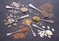 Various seeds - sesame, flax seed, sunflower seeds, pumpkin seed, chia in spoons on black background. Top view