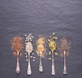 Various seeds - sesame, flax seed, sunflower seeds, pumpkin seed, chia in spoons on a black stone background. Top view