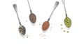 Various seeds in spoons isolated on white background. Pumpkin, flax, sesame and chia seeds. Top view, flat lay. Banner
