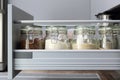 Various seeds in storage jars in hutch, white modern kitchen in background. Smart kitchen organization