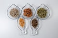 Various seeds - sunflower, almonds, pumpkin seed, corn and coffe in diferent glass bowls on a white background. Copy space Royalty Free Stock Photo