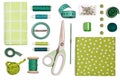 Various sewing accessories and tools green shades