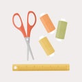 Various sewing tools. Red scissors, colourful threads, ruler. Cartoon style, flat design. All elements are isolated