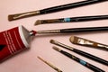 Various shaped paint brushes with tube of acrylic cadmium paint Royalty Free Stock Photo