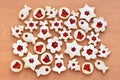 Various shapes of Linzer cookies filled with strawberry jam Royalty Free Stock Photo