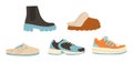 Various Shoes icons collection. Boots, sport shoes, sneaker, hiking footwear and other shoes for Royalty Free Stock Photo