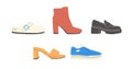 Various Shoes icons collection. Boots, sport shoes, sneaker, hiking footwear and other shoes for training. Women shoes Royalty Free Stock Photo