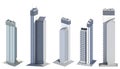 Set of 5 renders of fictional design hi-tech tall buildings living towers with sky reflection - isolated on white, different