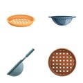 Various sieve icons set cartoon vector. Wooden and metal sieve