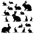 Various silhouettes easter bunnies isolated on white background. Set different Royalty Free Stock Photo