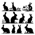 Various silhouettes easter bunnies isolated on white background. Set different