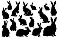 Various silhouettes easter bunnies isolated on white background. Set different