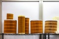 Various size filter for cleaning air or gas fluids or remove debris contaminants in industrial work store on shelf