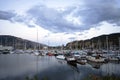 Yachts and boats moored at the piers in the bay of the Columbia River