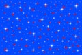 Various sizes and mixed white, red stars on a blue background