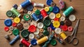 Of various sizes thread spools in red blue green yellow and more and Royalty Free Stock Photo
