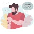 Seasonal allergy. man with red skin rash. Male scratching skin on his hand