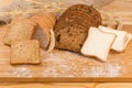 Various sliced bread on cutting board with ears, grain, flour