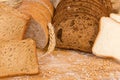 Various sliced bread on cutting board with ears, grain, flour