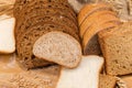 Various sliced toast and other bread on cutting board closeup