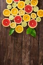 Various slices of citrus background top view with copy space