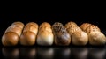 Various small fresh buns with a sprinkle of seeds in a row, black background isolate. AI generated.