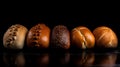 Various small fresh buns with a sprinkle of seeds in a row, black background isolate. AI generated.