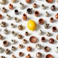 Of various small pottery vessels arranged in a grid pattern on a Royalty Free Stock Photo
