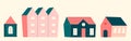 Various small tiny houses. Paper cut style. Flat design. Stamp texture. Hand drawn trendy