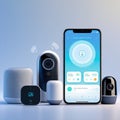 Various smart home devices arranged together include a smart speaker, doorbell camera, small sensor. Royalty Free Stock Photo