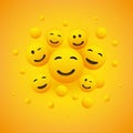 Various Smiling Happy Emoticons in Front of a Yellow Background, Vector Concept