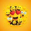 Various Smiling Happy Yellow Emoticons Design, Group of Funny People in Front of a Smartphone Screen