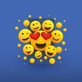 Various Smiling Happy Yellow Emoticons with Heart Shaped Eyes in Front of a Smartphone Screen, Vector Design