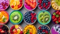 Various smoothie bowls with various vibrant fruit and berry toppings, AI generative