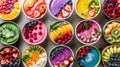 Various smoothie bowls with various vibrant fruit and berry toppings, AI generative