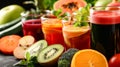 various smoothies with vegetables and fruits. Selective focus. Royalty Free Stock Photo