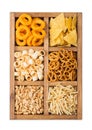 Various snacks in vintage wooden box isolated on white. Onion rings,nachos, salty peanuts with potato sticks and pretzels Royalty Free Stock Photo