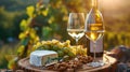 Various sorts of cheese, grapes and two glasses of the white wine Royalty Free Stock Photo