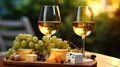 Various sorts of cheese, grapes and two glasses of the white wine. Generative AI