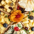 Various sorts of cheese on a plate, top view Royalty Free Stock Photo