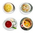 Various soups. National traditional dishes of different countries. Collage, set. Borscht, fish, Tom Yam, chicken broth. Isolated Royalty Free Stock Photo