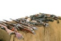 Various Soviet and Russian small arms prepared for shooting in the dash. Royalty Free Stock Photo